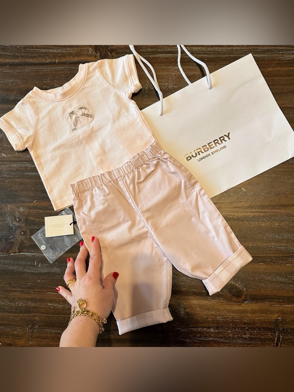 Authentic BURBERRY Baby Girls Set T-shirt Pants Ice Pink Nova Check 0-3 Months